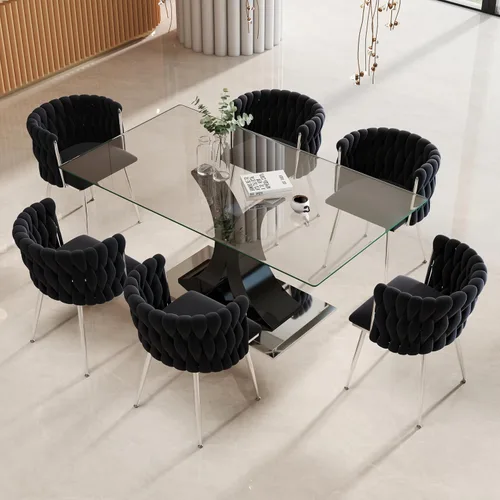 Vista 27 de Juego de comedor moderno de vidrio de lujo de 5 piezas, juego de cena rectangular minimalista grande para 4, juego de mesa de cocina de vidrio