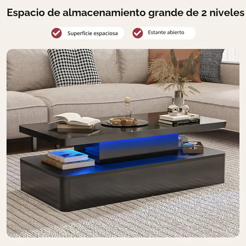 Vista 5 de oneinmil Mesa de centro LED moderna, mesas de sala de estar de 40 pulgadas con luces LED de 16 colores, diseño de doble capa, elegantes mesas