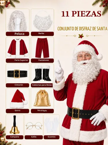 Vista 3 de Potalay Traje de Santa Claus de lujo para hombre, 11 piezas. Disfraz de Papá Noel para adultos