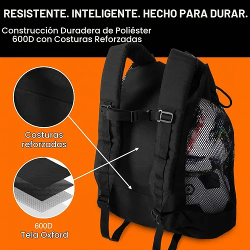 Vista 4 de Mochila de equipaje de malla resistente pequeña para equipos con correa de hombro ajustable para entrenador. 2 compartimentos de diferentes tamaños.