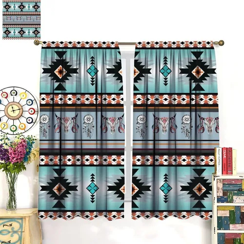 Vista 346 de Cortinas con patrón geométrico tribal, estilo suroeste, azteca, rústico, occidental, nativo americano, opacas, con bolsillo para barra, decoración