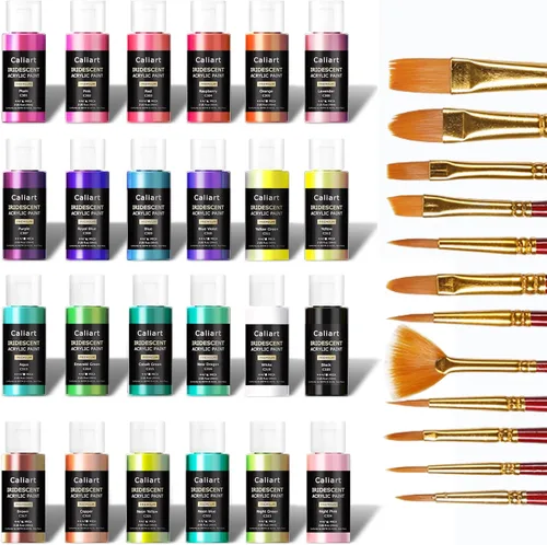 Vista 7 de Caliart - Juego de pintura acrílica iridiscente de 24 colores camaleón con 12 pinceles Craft Painting kit for Adults Artists Beginners, Rich
