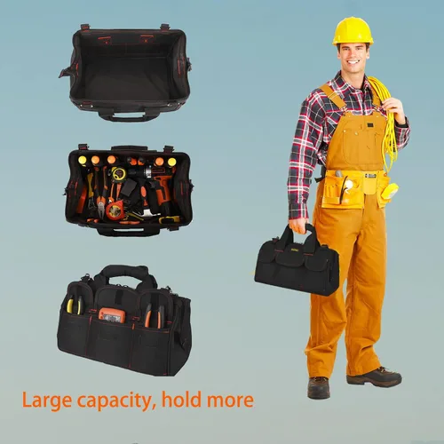 Vista 4 de FASTECH Bolsa Toosl resistente de 14 pulgadas con boca ancha para almacenamiento de herramientas, portador y organizador, bolsa de herramientas