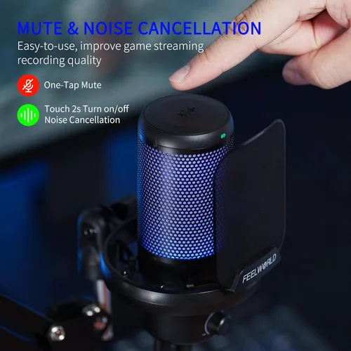 Vista 2 de FEELWORLD VM1 Micrófono USB para PC de juegos Micrófono condensador con cancelación de ruido Silencio Luz RGB, accesorios de computadora Regalos