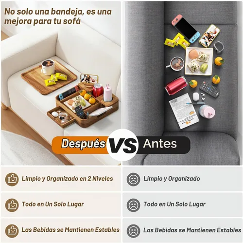 Vista 5 de Soporte para tazas de sofá, bandejas de madera de acacia de 2 niveles