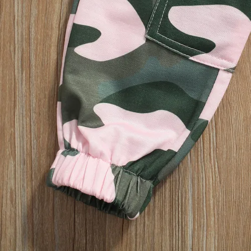 Vista 6 de Conjunto de ropa de manga larga con estampado de letras bendecidas y pantalones de camuflaje para niñas pequeñas