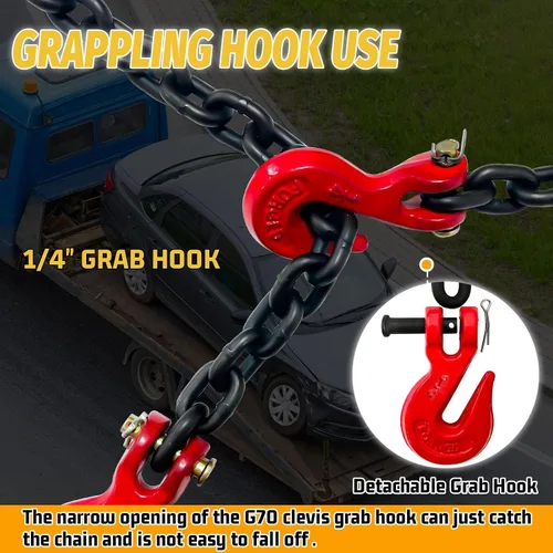 Vista 3 de Cadena de remolque de 1/4" Cadena de troncos G80 con gancho de agarre de horquilla G70 para remolque Cadenas de seguridad de transporte de 20 pies