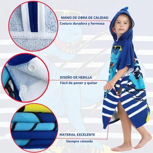 Vista 5 de Toalla de playa de dinosaurio con capucha para niños y niñas de 3 a 10 años con capucha, bata de baño para niños