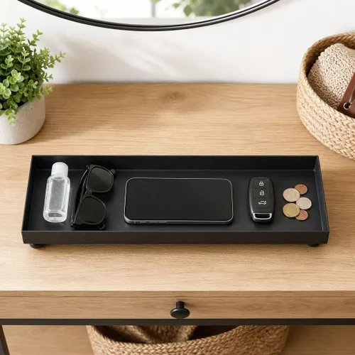 Vista 2 de Bandeja rectangular de metal negro mate, ideal para portavelas, proyectos de decoración de tocador, bandeja de tanque de inodoro de baño