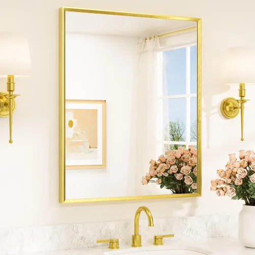 Vista 45 de TETOTE Espejo de baño dorado cepillado de 20" x 30", espejo de tocador de baño rectangular de latón dorado cepillado con marco biselado para sobre