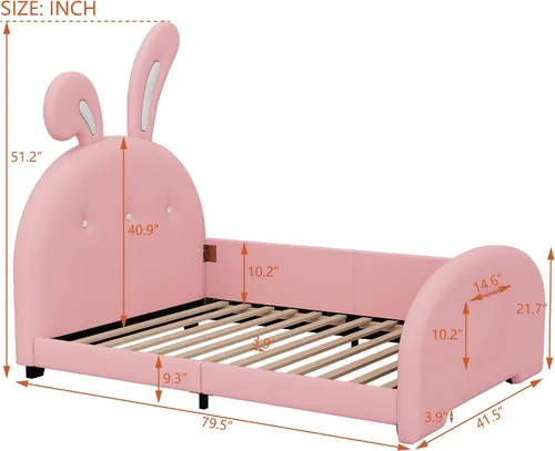 Vista 2 de Bellemave Cama de plataforma tapizada tamaño individual con cabecera en forma de conejo, cama de princesa rosa para niñas, marco bajo con riel