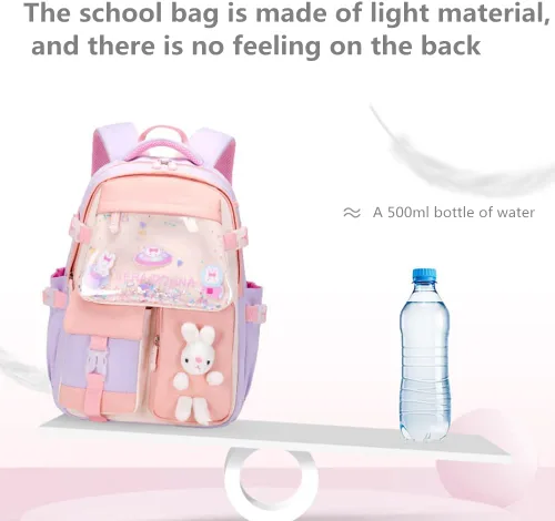 Vista 5 de Mochila Kawaii para niñas escolares mochila de conejito para niños, mochila casual linda para exteriores, A-rosa y púrpura, Mochila
