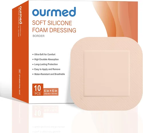 Vista 10 de Ourmed Soft Flex Apósitos de espuma de silicona (4 pulgadas x 4 pulgadas, paquete de 10) estériles, altamente absorbentes, impermeables, borde