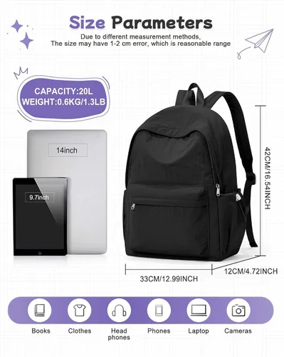 Vista 3 de Mochila negra para la escuela, mochila de escuela secundaria para adolescentes, niñas y niños, mochila universitaria ligera para mujeres y hombres