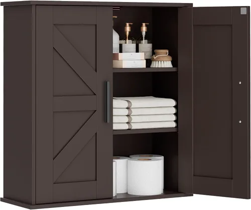 Vista 13 de Homleke Armario de pared para baño, armario de almacenamiento sobre inodoro con puertas de granero y estantes ajustables, botiquín de 3 niveles