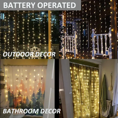 Vista 9 de Solhice Luz de cortina para ducha, 180 LEDs impermeables con batería, luces de hadas para cortina de 72 x 72 pulgadas con 10 ganchos para ducha