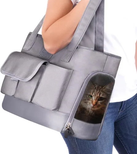 Vista 10 de Transportador para Perros, Transportador para Gatos, Transportador para Mascotas, Bolso de Cuero PU Premium Impermeable Plegable de Oxford