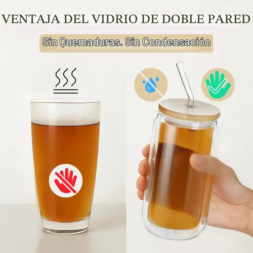 Vista 2 de LIBWYS Vaso de vidrio de doble pared de 12 onzas con tapa de bambú y pajita, juego de 1 pieza, resistente a la condensación, vaso de vidrio aislado