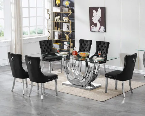 Vista 27 de Moderno juego de mesa de comedor de cristal de 5 piezas para 4, 70 pulgadas rectangular con 4 sillas copetudas de terciopelo beige, juego de mesa