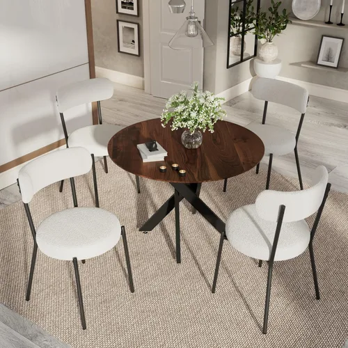 Vista 12 de Moderno juego de mesa de comedor redonda de 3 piezas, mesa de MDF circular negra y 2 sillas de comedor negras Boucle, muebles de cocina con marco