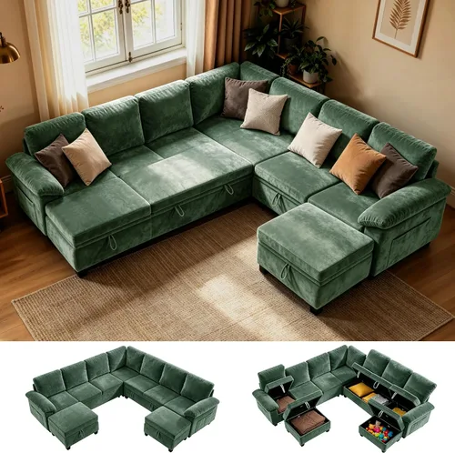 Vista 13 de 86" L-Shaped Sectional Sleeper Couch, Modular Pull-Out Storage Sofa Bed Green