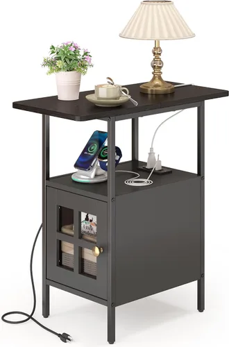 Vista 7 de Mesa Auxiliar Estrecha Estilo Granja con Estación de Carga - Mesa Lateral de 3 Niveles con USB y Enchufes, Mesa de Noche Compacta de Almacenamiento