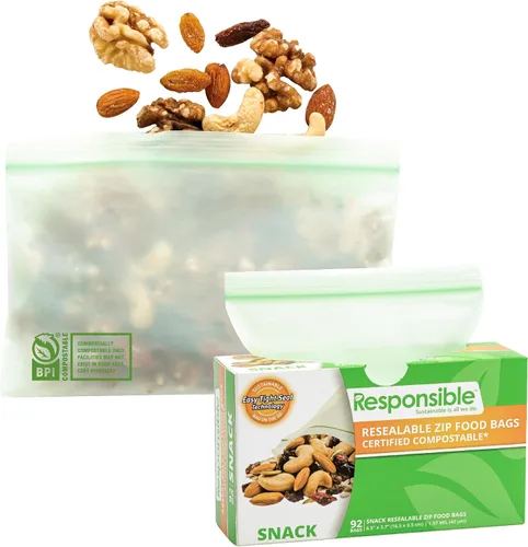 Vista 13 de Responsible Products Bolsa con cremallera resellable de gran galón compostable certificada, bolsas de alimentos extra resistentes, hechas