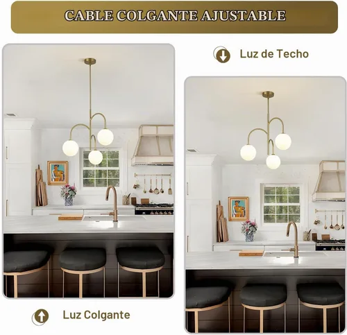 Vista 9 de Candelabro de globo de vidrio de leche de 3 luces, moderno de 1-oro+blanco