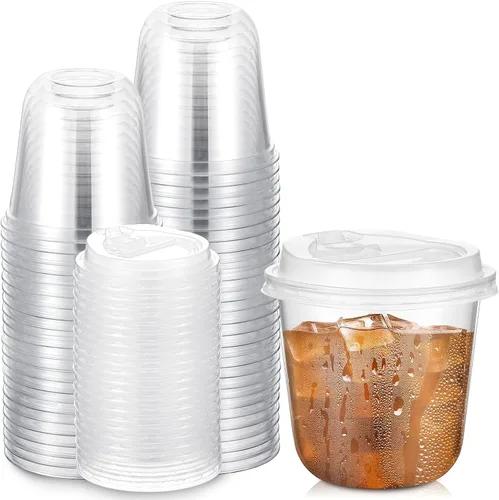 Vista 11 de Baderke Juego de 25 vasos de plástico transparente de 14 onzas con tapas, tazas de café helado resistentes con tapas, vasos de plástico desechables
