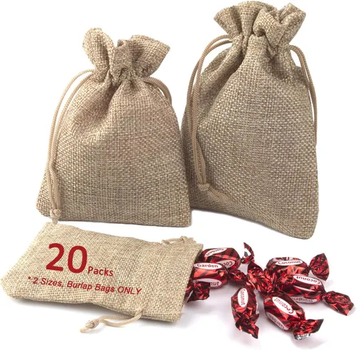 Vista 8 de Juego de bolsas de arpillera con cordón, 5.5 x 4 y 4.8 x 3.5, sacos 20 para regalo pequeño, regalo, regalo, regalo, regalo, fiesta, joyas, bolsita