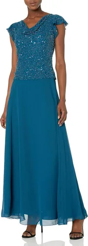 Vista 10 de J Kara Vestido largo de manga con volantes y cuello redondo y cuentas para mujer Champán Multi