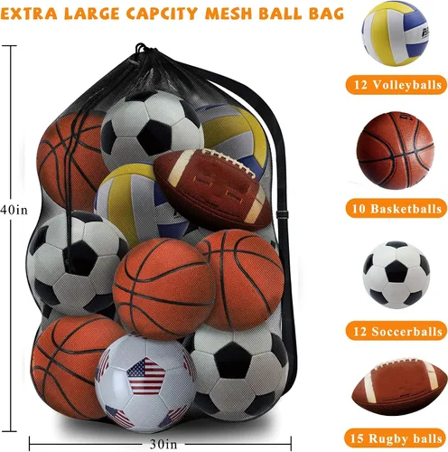 Vista 2 de Bolsa de malla resistente, organizador de almacenamiento de equipo deportivo para fútbol, baloncesto, voleibol, fútbol, béisbol y natación