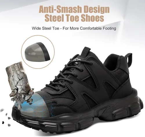 Vista 3 de Hogent - Zapatos de puntera de acero para mujer y hombre, anchos, antideslizantes, de trabajo, tenis de punta compuesta, indestructibles, cómodos