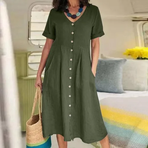 Vista 2 de Vestido midi de algodón y lino con botones para mujer, casual, holgado, manga corta, cuello en V, vestidos de verano