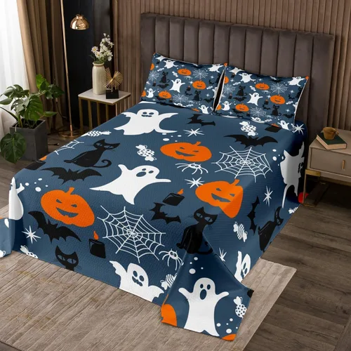 Vista 10 de Erosebridal Juego de colcha de murciélago de Halloween, tamaño individual, estrellas con purpurina y galaxia, para niños, decoración de Halloween