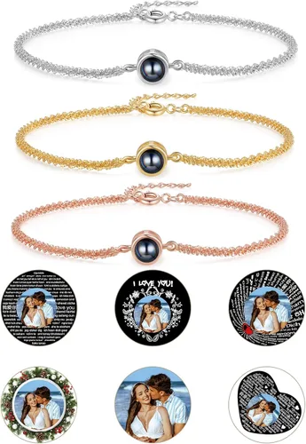 Vista 19 de Pulsera con inicial personalizada con imagen en el interior, cuerda de proyección de fotos personalizada para hombres y mujeres, regalo