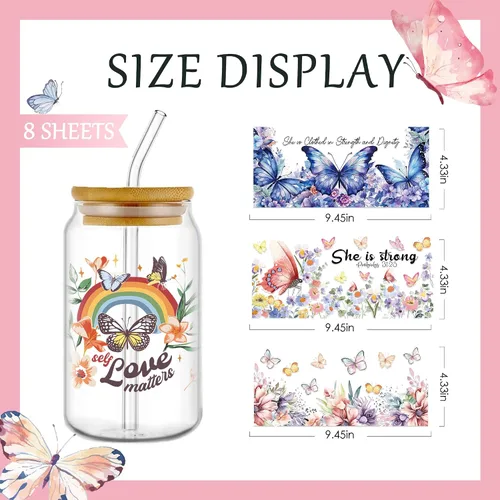 Vista 2 de AFRITEE Envolturas de tazas UV DTF – 8 hojas de pintura de acuarela de mariposa azul rosa colorido flor floral mariposa frotar en transferencias UV