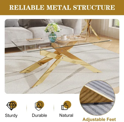 Vista 6 de Mesa de centro de cristal de 47 pulgadas con parte superior de vidrio templado y patas de metal dorado, mesa central rectangular moderna para sala