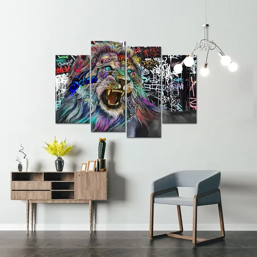 Vista 3 de Cuadro de 4 paneles de graffiti en lienzo de animales para decoración de pared, arte abstracto del rey león, lienzo enmarcado en blanco y negro