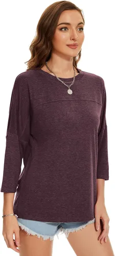 Vista 53 de ZENNILO Camisetas casuales de manga 3/4 para mujer, holgadas, cuello redondo, lindas camisetas básicas