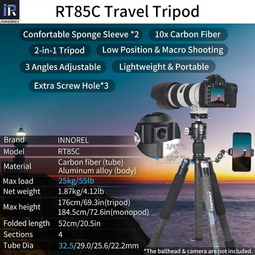 Vista 2 de Trípode de Fibra de Carbono - INNOREL RT85C Sin Rótula Cabeza de Bola Súper Profesional Trípode Monopié Soporte de Resistencia para Cámara DSLR Negro