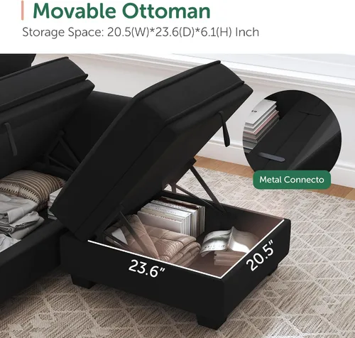 Vista 6 de HONBAY - Sofá seccional con asiento de almacenamiento de terciopelo, en forma de U, con tumbona reversible, sofá seccional convertible para sala