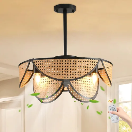 Vista 14 de Ganeed Ventilador de techo bohemio de 20 pulgadas con luz, ventilador de techo enjaulado de ratán tejido a mano con luz y control remoto, ventilador