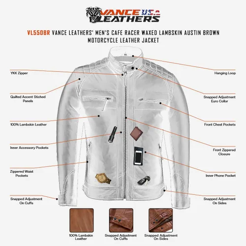 Vista 6 de Vance Leather ' Cafe Racer - Chaqueta de piel de cordero encerada para hombre, color marrón Austin