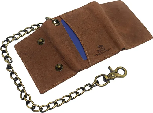 Vista 6 de Billetera de cuero vintage con bloqueo RFID para hombre, con cierre a presión, Beige Bronceado, Cartera Biker