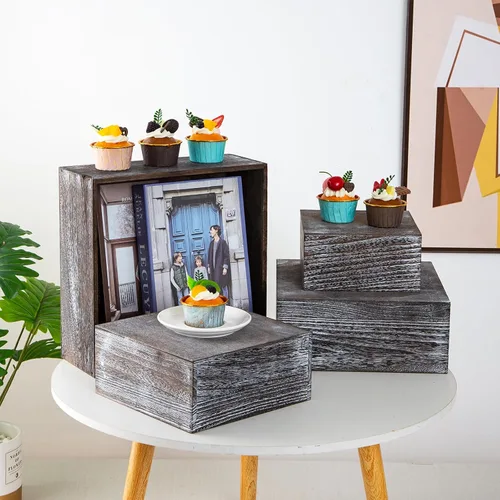 Vista 5 de Soportes cuadrados de madera vintage para tartas de madera, juego de 4 soportes de madera para cupcakes, cajas de madera rústica de 12 pulgadas