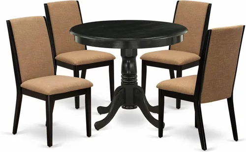 Vista 20 de East West Furniture ANLA3-ABK-47 - Juego de muebles de comedor de 3 piezas que contiene una mesa de cocina redonda con pedestal y 2 sillas