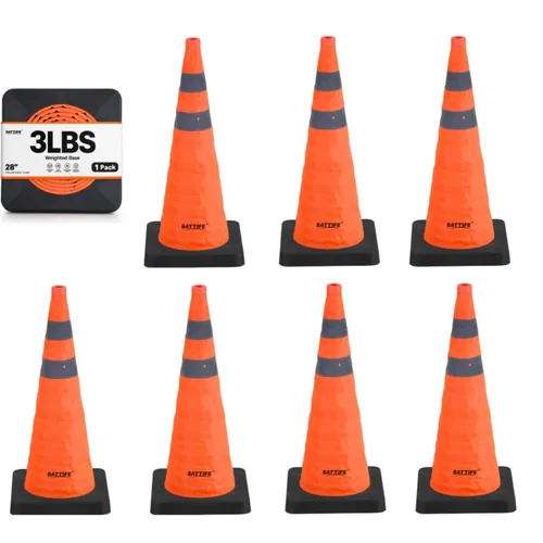 Vista 16 de BATTIFE [1 Paquete] Conos azules plegables de seguridad de tráfico de 28 pulgadas con base negra pesada, conos emergentes multiusos con collar