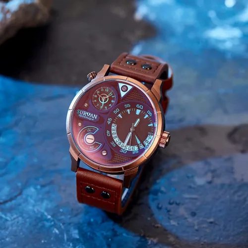 Vista 3 de SURVAN WatchDesigner Watch for Men Quartz Movement Analog Chronograph Mens Watches Genuine Leather Strap Waterproof Luminous Pointer Red Magic Glass