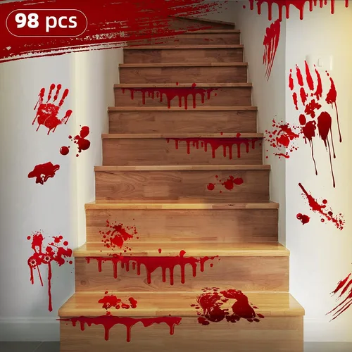 Vista 3 de MSQ 95 calcomanías de ventana sangrientas – Calcomanías extraíbles de huellas de mano para decoración de fiesta de Halloween, 9 hojas de calcomanías